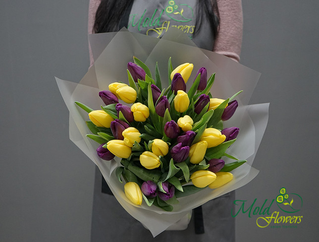 Bouquet of yellow and purple tulips in purple paper and white netting photo